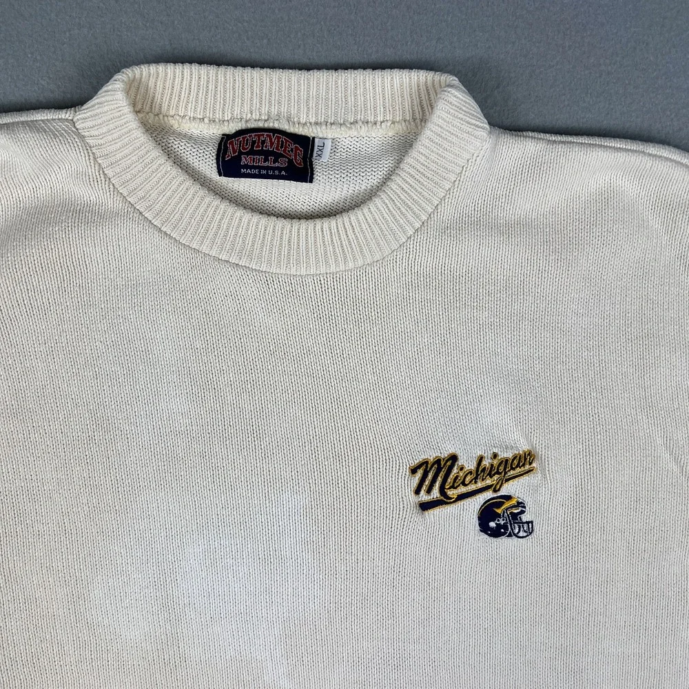 VTG University of Michigan Sweater Fits XL 90s Wolverines Embroidered Nutmeg USA
